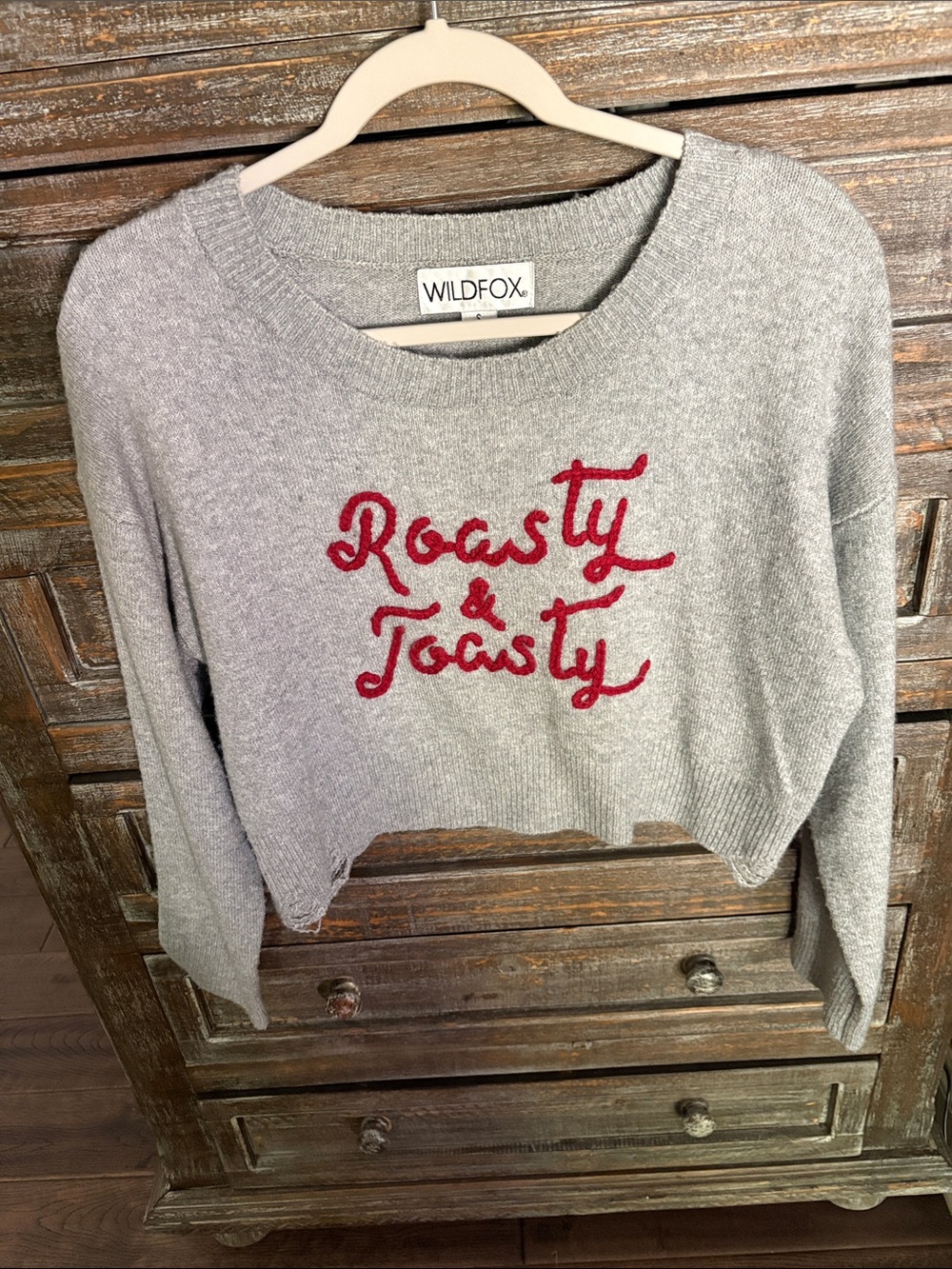 Wildfox Gray Cropped Crewneck Sweater with Red 'Roasty & Toasty' Script